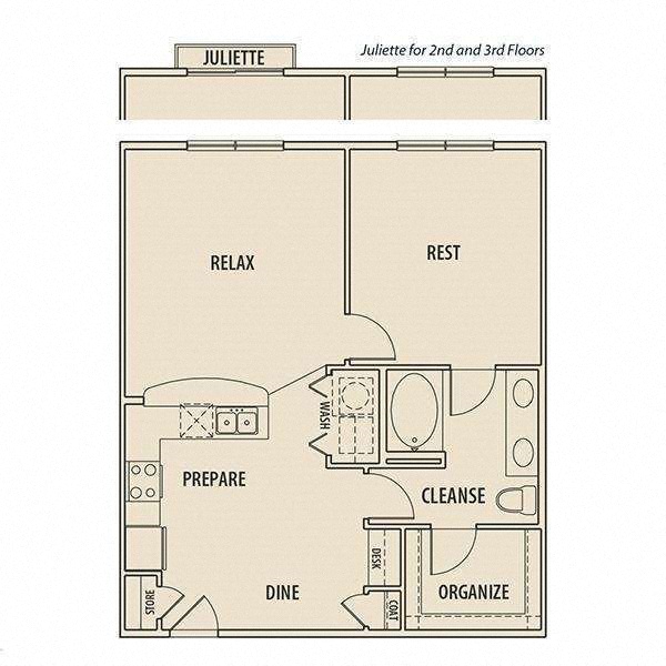 Floor plan for 1 bed, 1 bath, 828 sqft